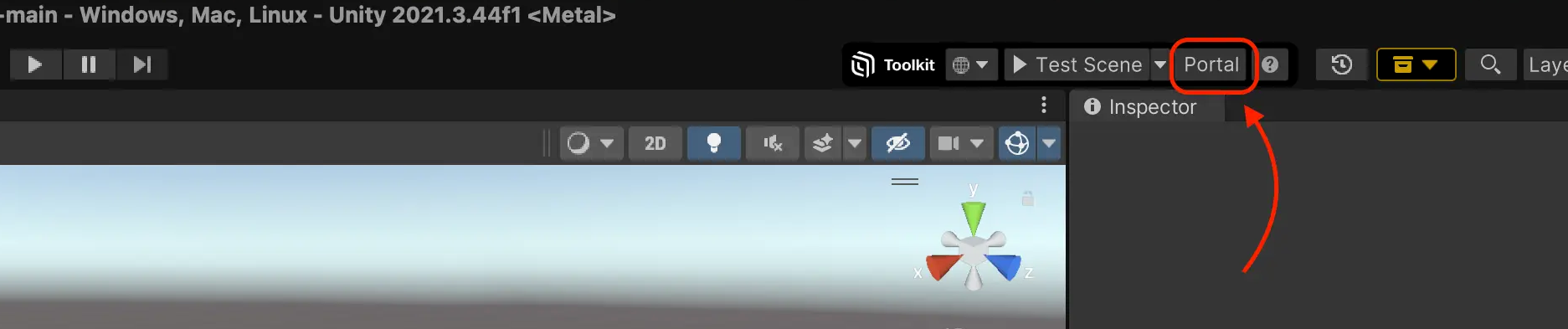 Image showing the gear icon highlighted in the Unity toolbar