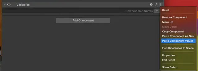 Screenshot of Variables component's values being pasted