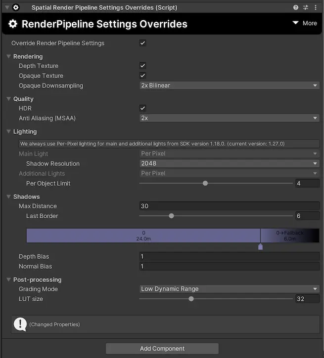 RenderPipeline Settings Overrides component