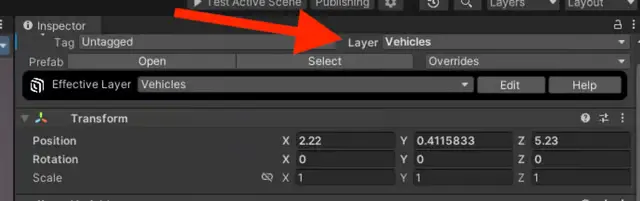 Screenshot of Layer set to Vehicles in Unity Inspector