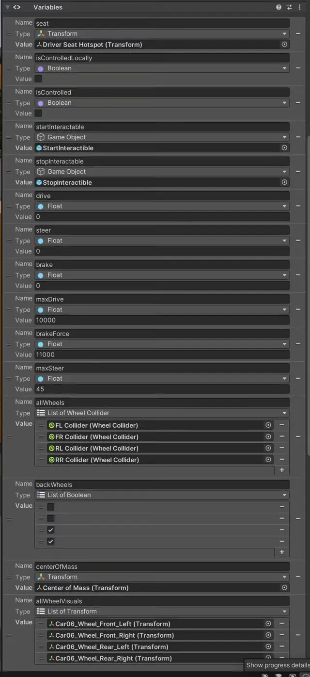 Screenshot of Variables component with all variables setup