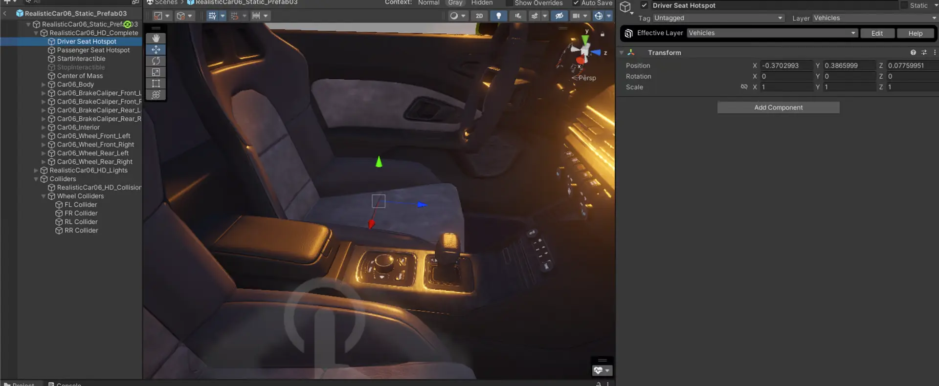 Screenshot of an empty Game Object created to align with a car's seat