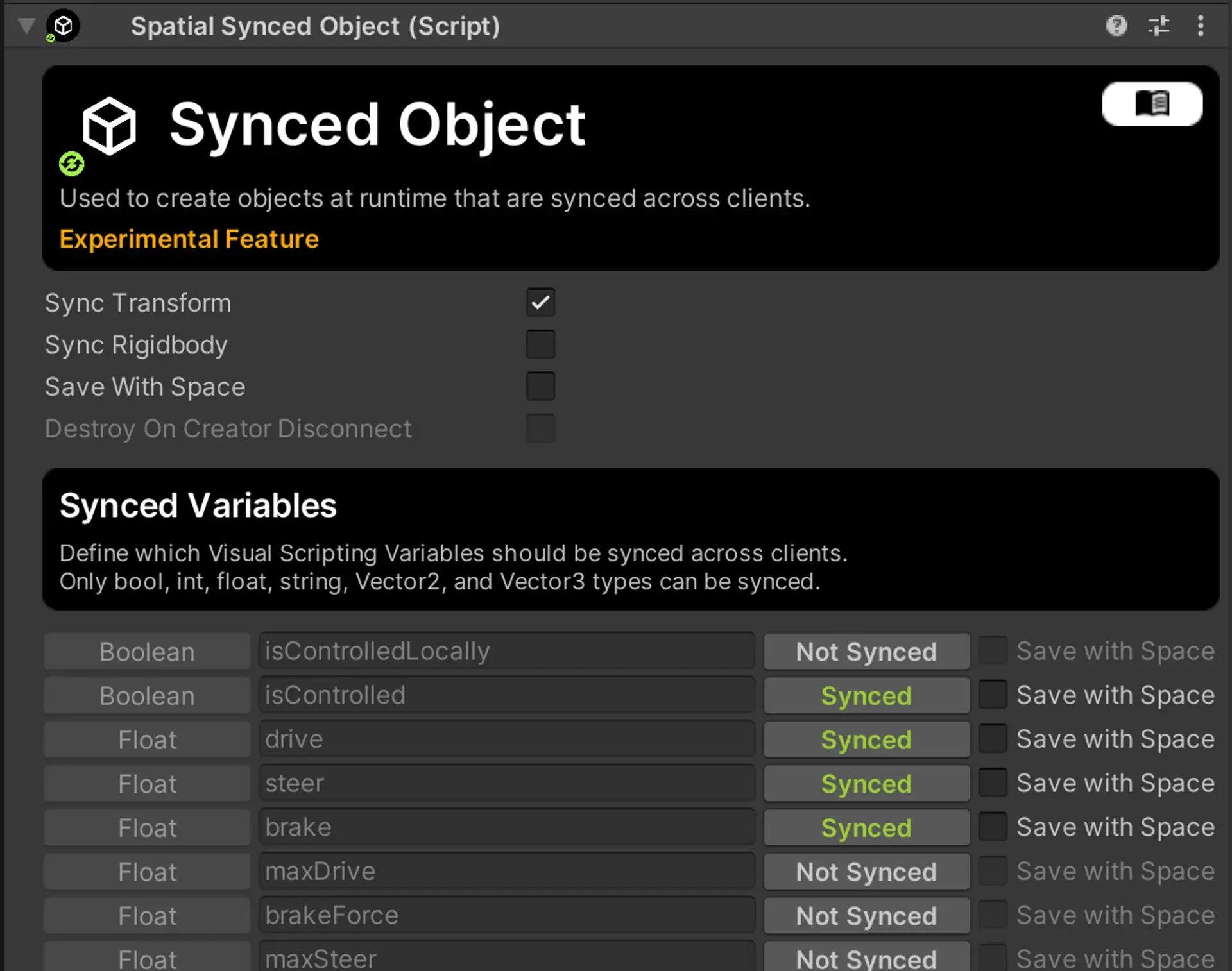 Screenshot of a Spatial Synced Object component