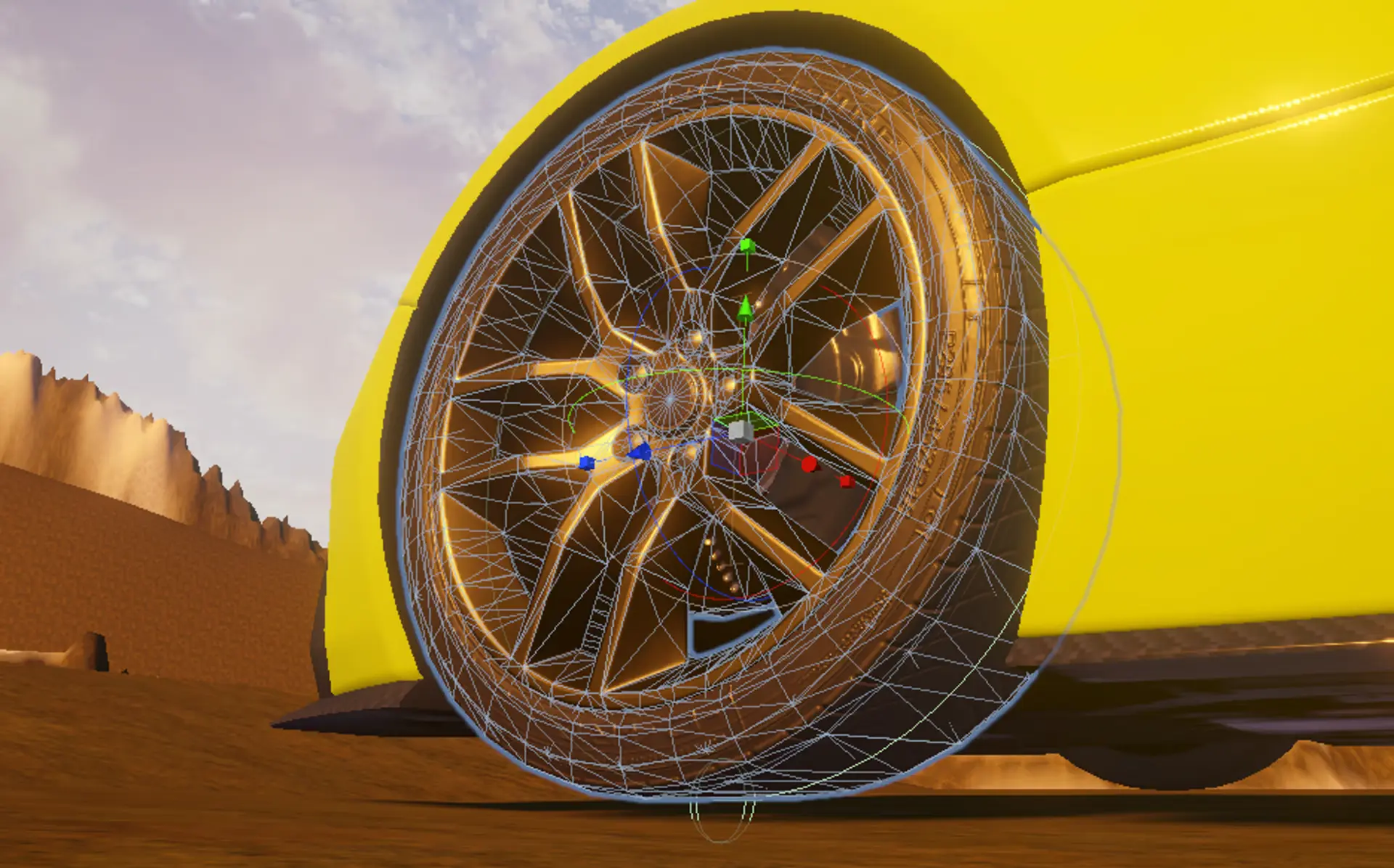 Screenshot of a wheel's transform gizmo shown with Z+ forward