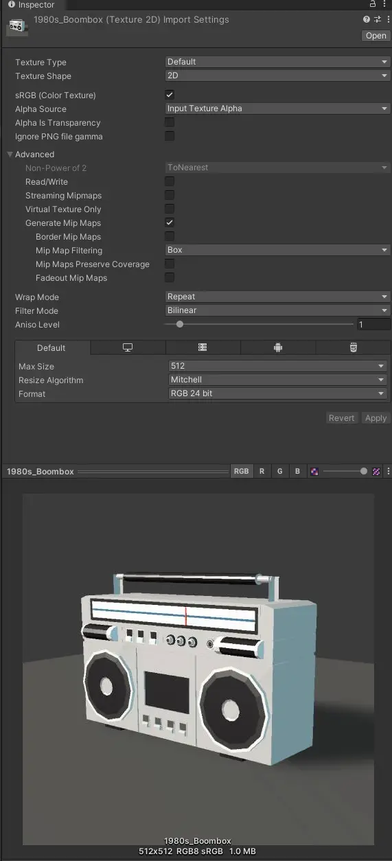 Import settings of prefab object thumbnail